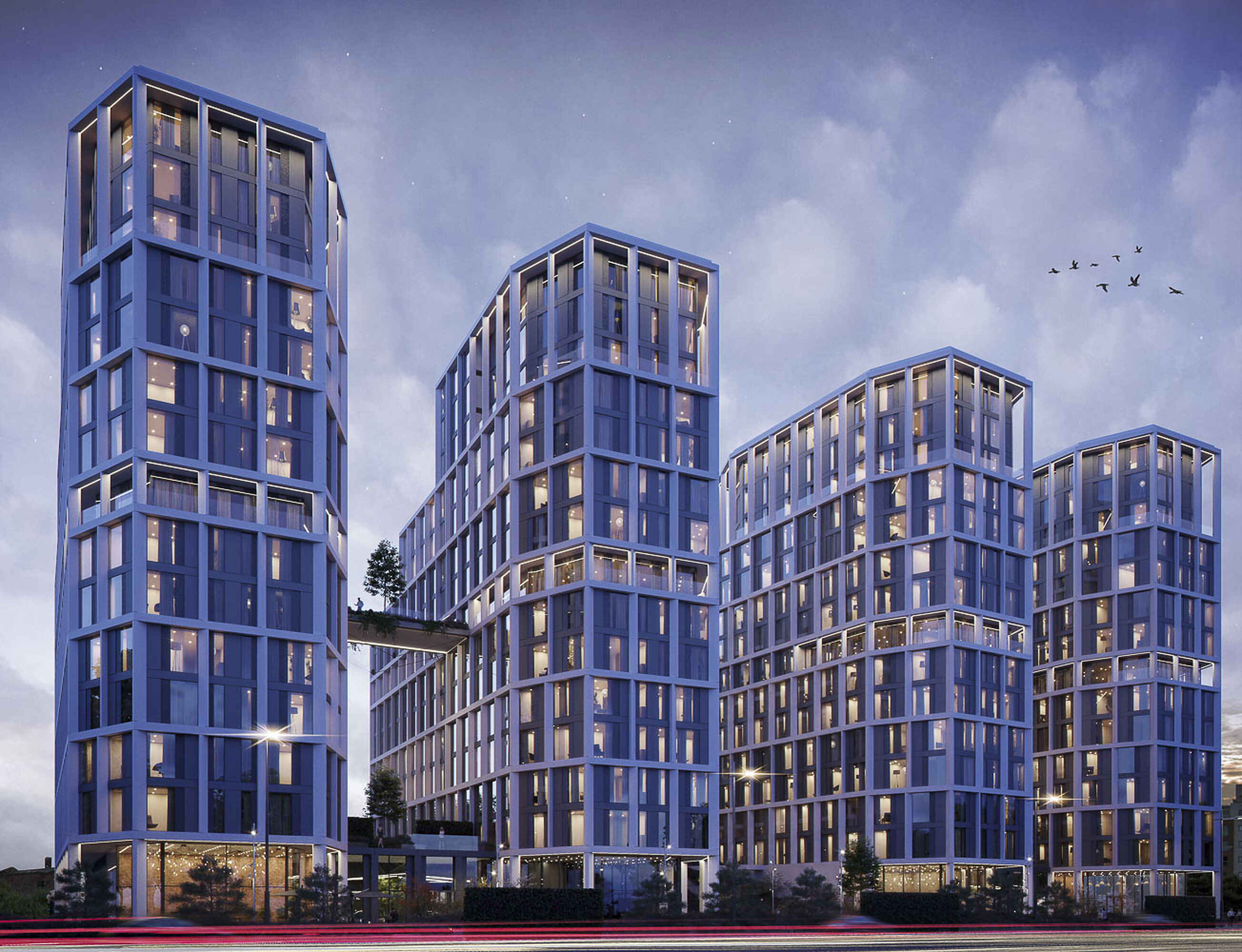 All four Gateway towers, from street level to their rooflines. CGI, indicative.