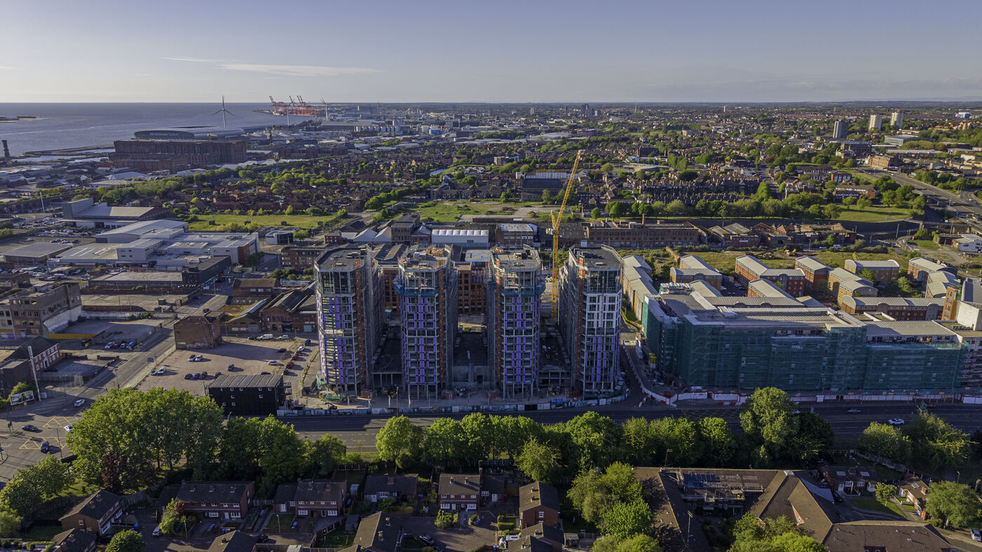The four topped-out towers of The Gateway from the air, 2026