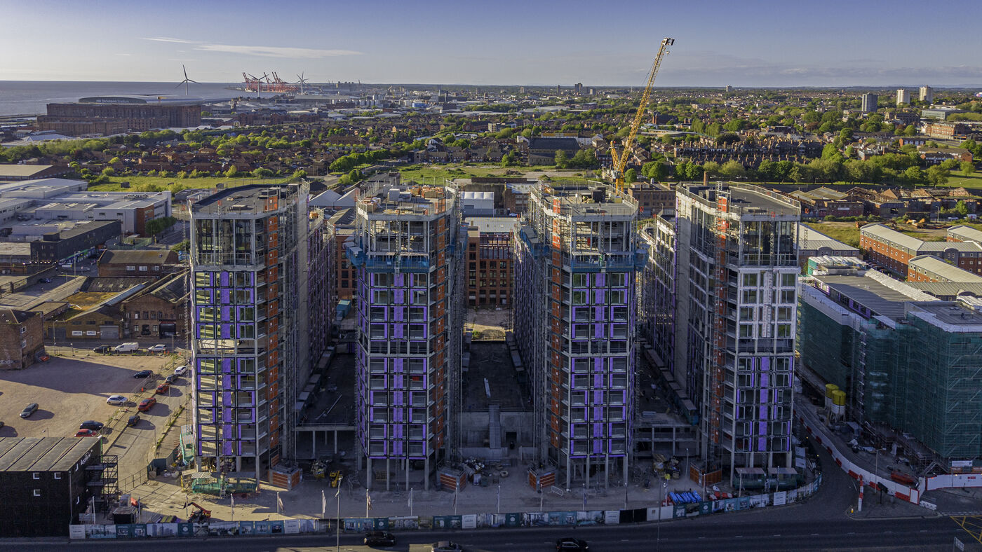 Drone photograph of The Gateway towers with the river beyond