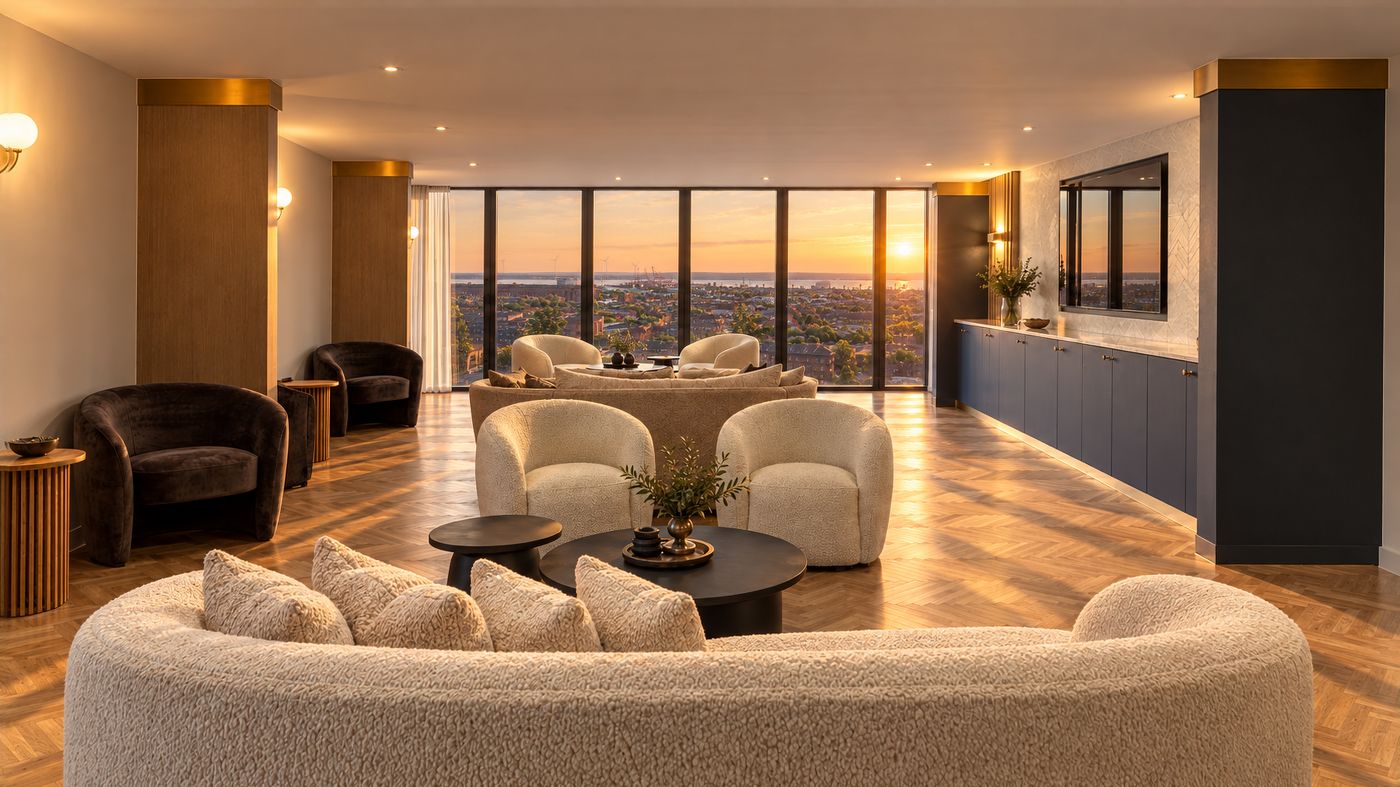 The Sky Lounge on the seventh floor, looking over the city rooftops. Concept CGI, indicative.