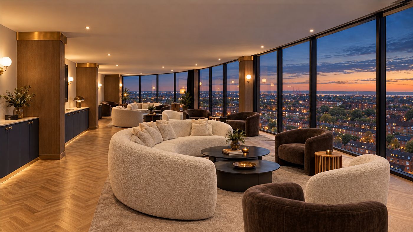 The Sky Lounge at The Gateway in the evening. Concept CGI, indicative.