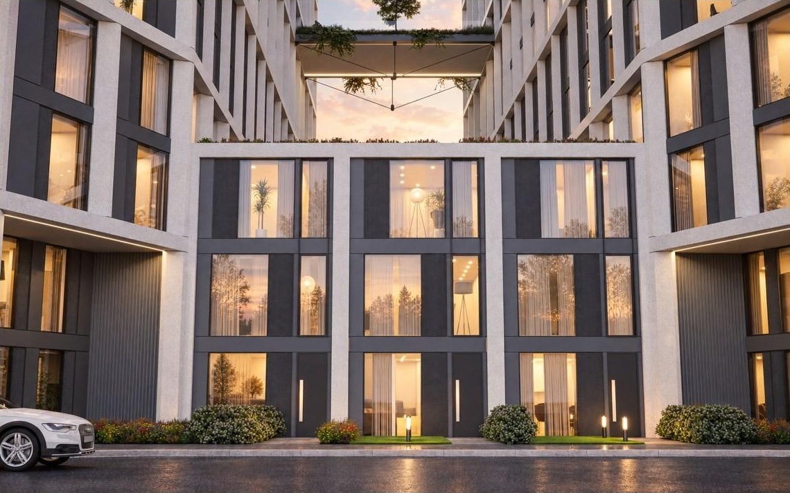 Three-storey townhouse frontage at The Gateway with its own front door. CGI, indicative.