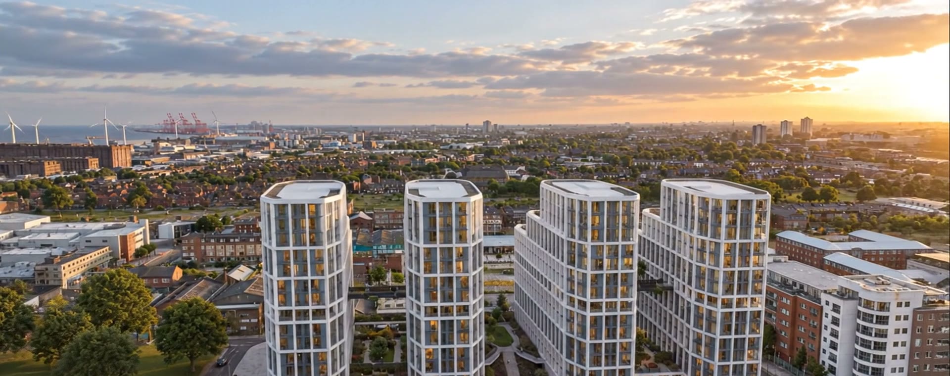 Aerial view of The Gateway's four towers with Liverpool beyond, CGI